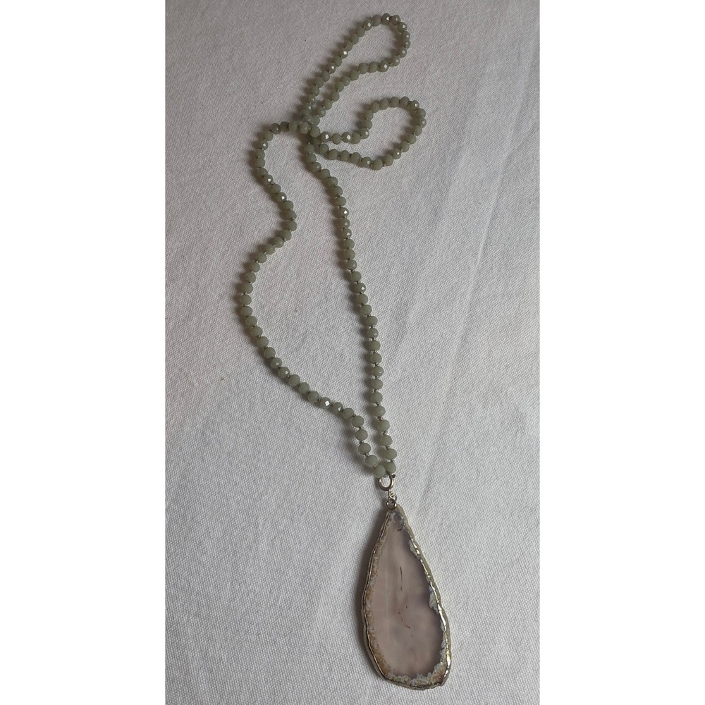 Agate Slice Gem Pendant Necklace Green Glass Beaded Long 40in